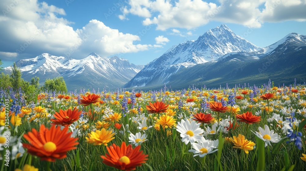 Colorful alpine wildflowers bloom in a meadow, snowy mountains in background. Possible use nature wallpaper Colorful alpine wildflowers bloom in a meadow, snowy mountains in background. Possible use nature wallpaper