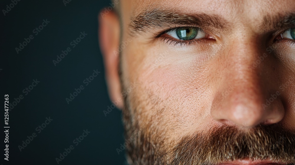 Obraz premium This striking close-up features a man with prominent green eyes and a well-groomed beard. The lighting enhances his facial features, creating a captivating aura