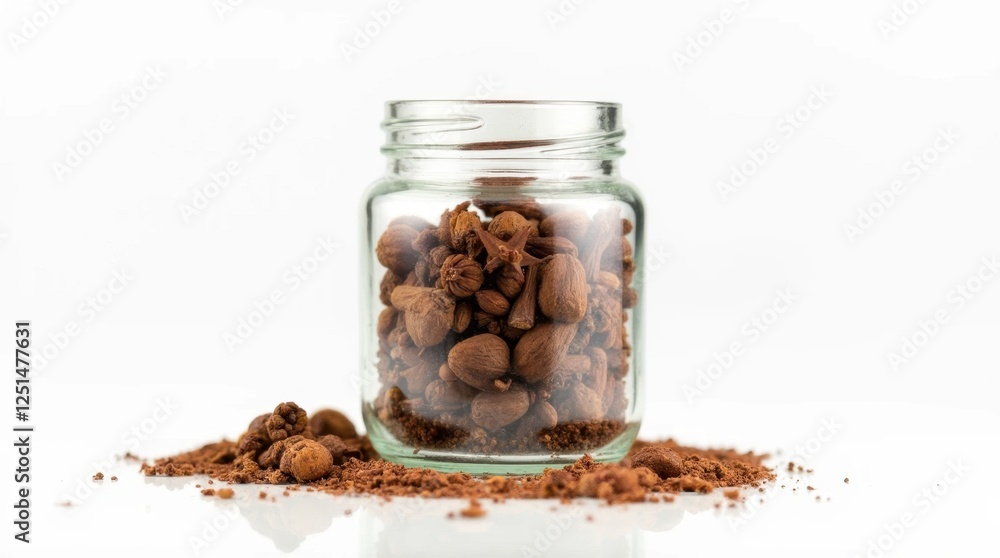 Transparent Jar Filled with Assorted Spices on White Background Transparent Jar Filled with Assorted Spices on White Background