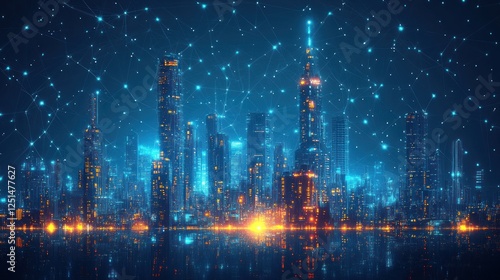 Futuristic city skyline at night with digital network connections photo