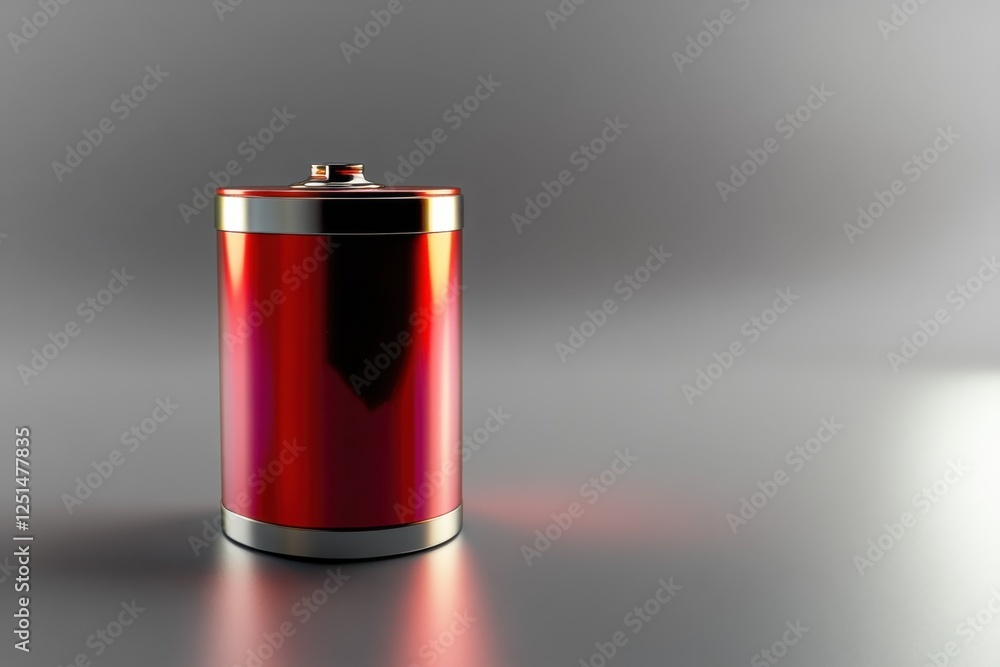 A red battery cell stands vertically on a gray surface A red battery cell stands vertically on a gray surface