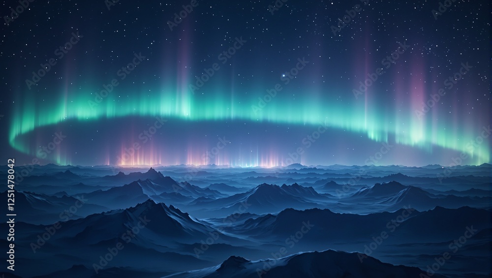 Naklejka premium Majestic aurora borealis in deep blue sky ethereal green and pink lights swirling enchantingly in a circular formation