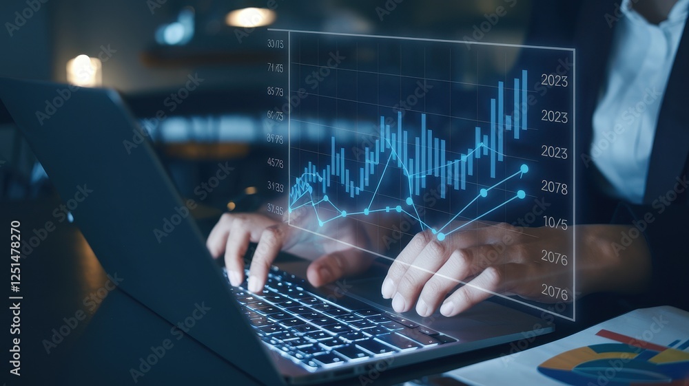 Analyzing Financial Data: Businesswoman Working on Laptop with Holographic Stock Market Charts Analyzing Financial Data: Businesswoman Working on Laptop with Holographic Stock Market Charts