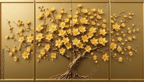 elegant 3d golden floral tree with yellow blossoms and branches in four panels, perfect for decorative purposes, 3d wallpaper for living room walls, and interior design.