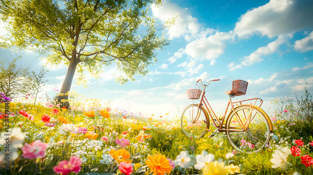Fototapeta premium Vintage Bicycle Surrounded by Colorful Flowers Under Sunny Sky