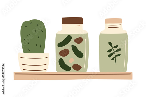 Canned food and cactus on shelf in a row. Meal preserved in a glass jar from supermarket or farmer market in zero-waste packaging for eco-friendly design. Vector illustration in organic flat style.