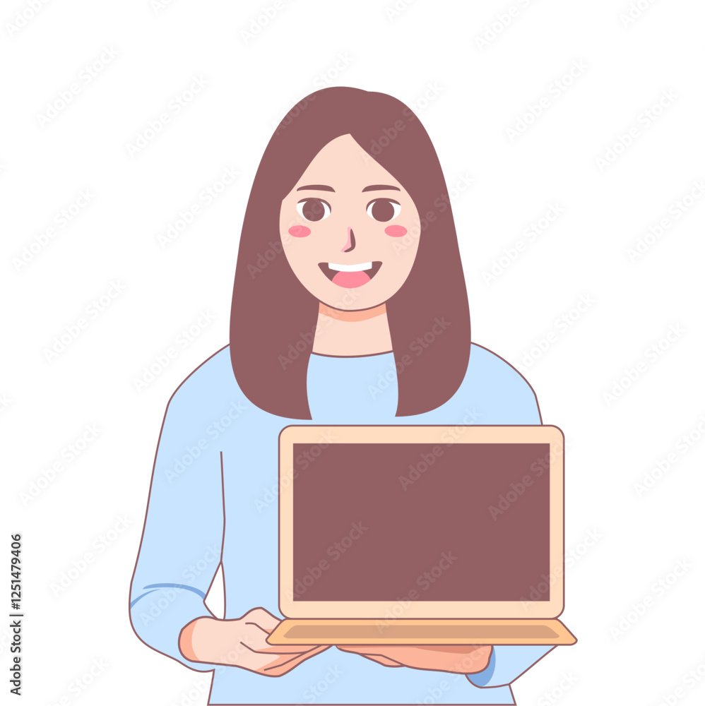 Businesswoman showing a laptop on her hand. Young female illustratio