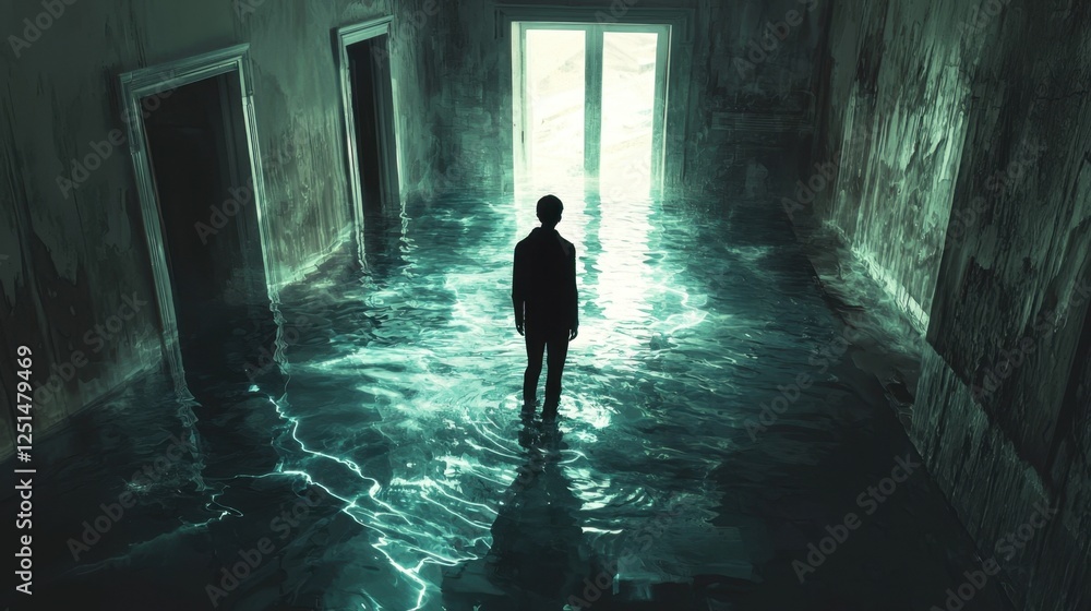 A person stands in waist-deep water inside an empty, dilapidated room. Light filters through an open door, casting reflections on the water's surface, creating an eerie atmosphere A person stands in waist-deep water inside an empty, dilapidated room. Light filters through an open door, casting reflections on the water's surface, creating an eerie atmosphere