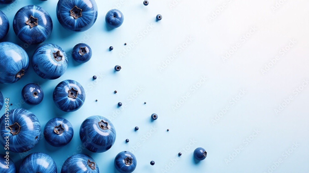 Artistic representation of blueberries against a light blue background. Artistic representation of blueberries against a light blue background.