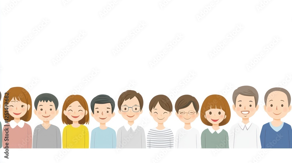 Diverse group of people, smiling, standing in a row, background is blank; use for social communication, diversity studies Diverse group of people, smiling, standing in a row, background is blank; use for social communication, diversity studies