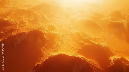 Golden hued textured mountainscape aerial perspective with radiant sunlit atmosphere photo