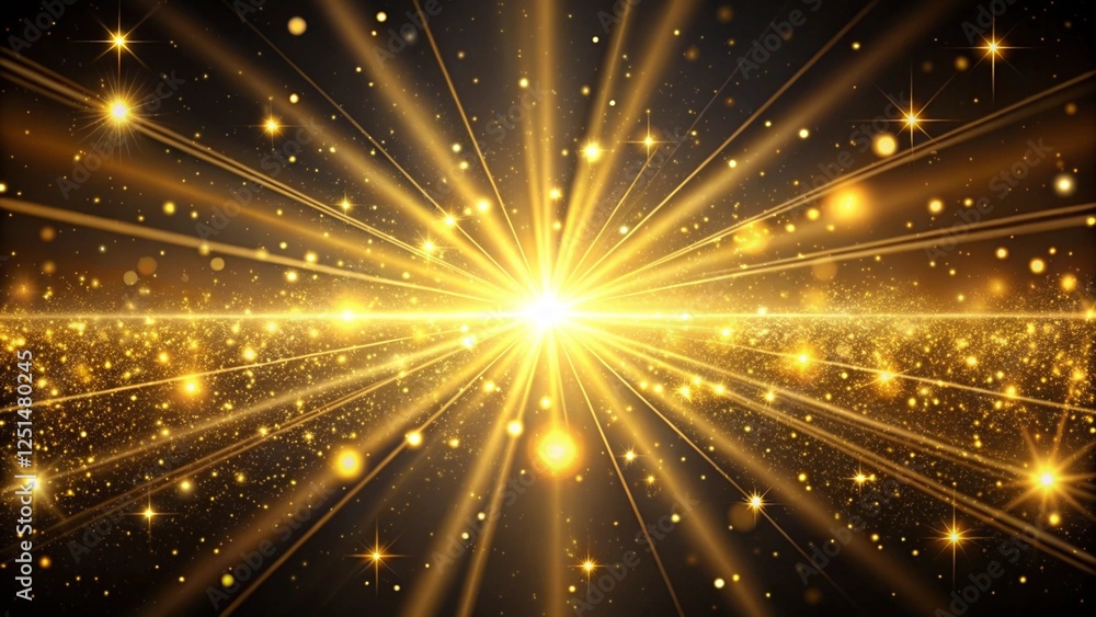 Naklejka premium Golden glitter and sparkles in sun rays background. Yellow lines in shiny light vector illustration. Bright dust sparkling on black wallpaper design. Christmas or holiday card decoration