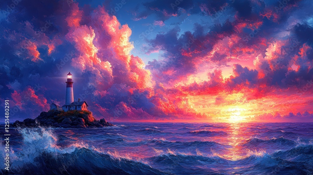 Fototapeta premium Coastal Lighthouse at Sunset with Dramatic Clouds