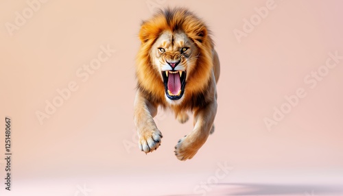 Roaring Lion Jumping Aggressively with Sharp Teeth and Powerful Paws