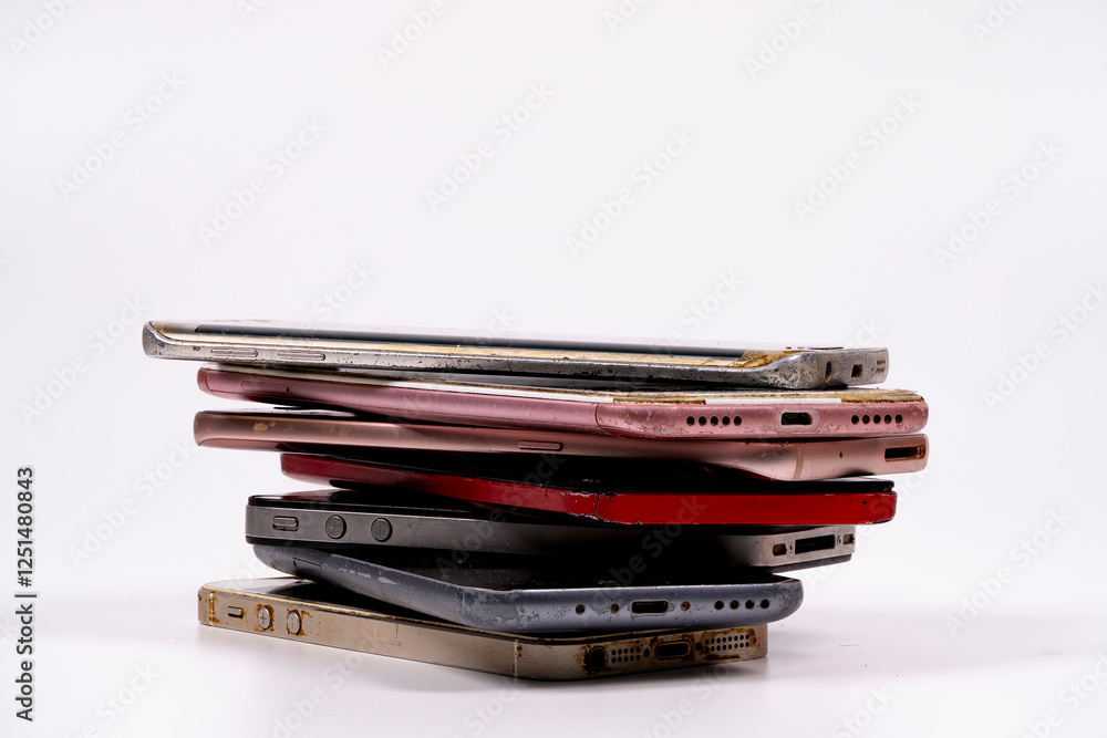Collection of old smartphones piled on top of each other for recycling Collection of old smartphones piled on top of each other for recycling