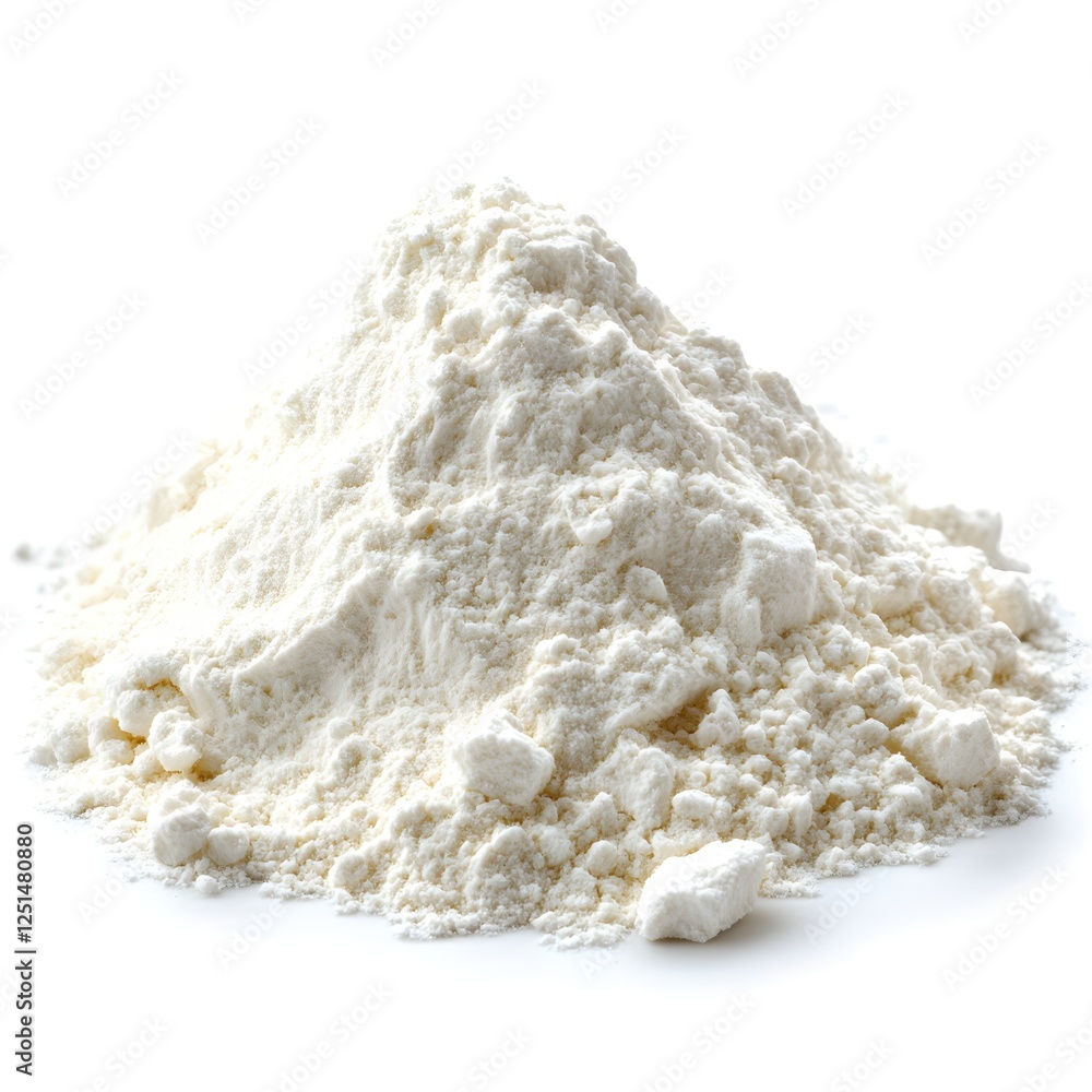 Heap of fine white flour for baking on a white background perfect for culinary creations Heap of fine white flour for baking on a white background perfect for culinary creations