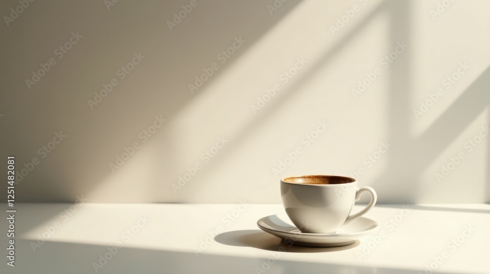 A serene morning scene featuring a cup of coffee resting on a saucer, bathed in the warm glow of sunlight streaming through a nearby window. A serene morning scene featuring a cup of coffee resting on a saucer, bathed in the warm glow of sunlight streaming through a nearby window.