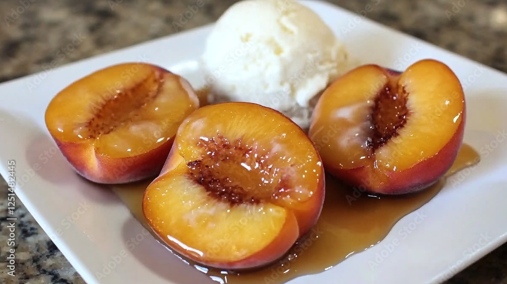 Delicious grilled peaches with ice cream home kitchen food photography cozy atmosphere close-up summer treat Delicious grilled peaches with ice cream home kitchen food photography cozy atmosphere close-up summer treat