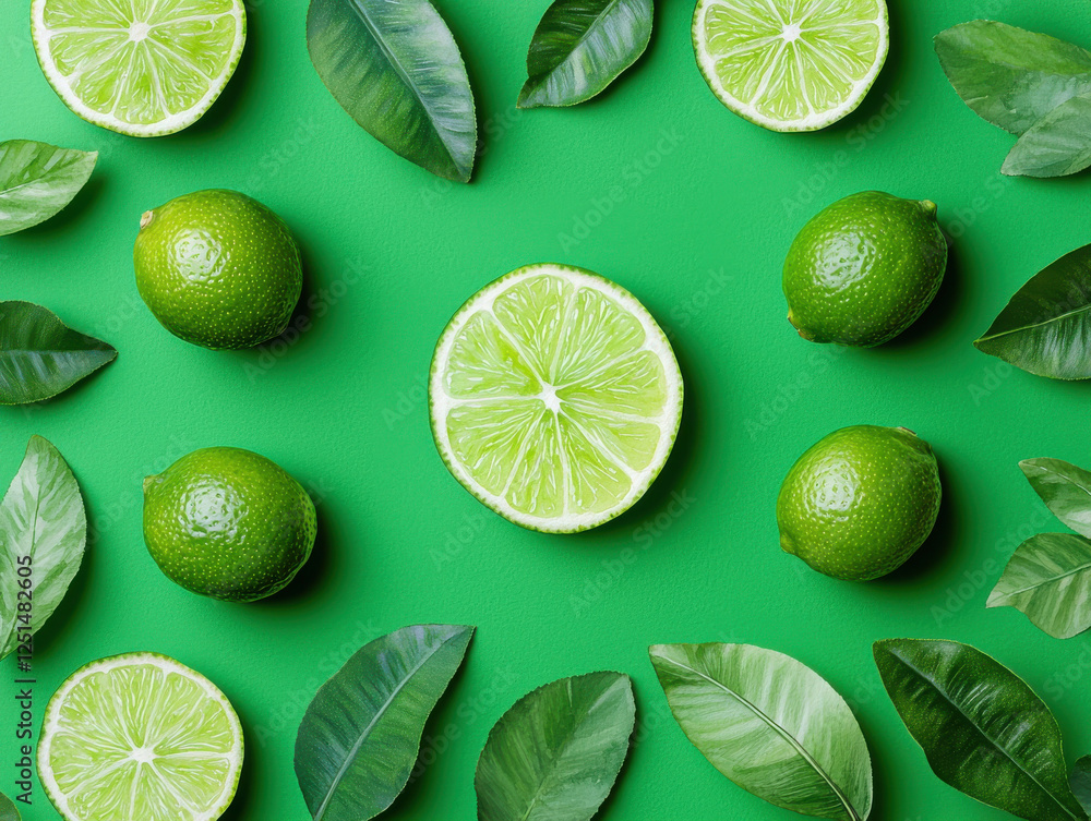 Fresh lime slices and leaves on vibrant green background Fresh lime slices and leaves on vibrant green background