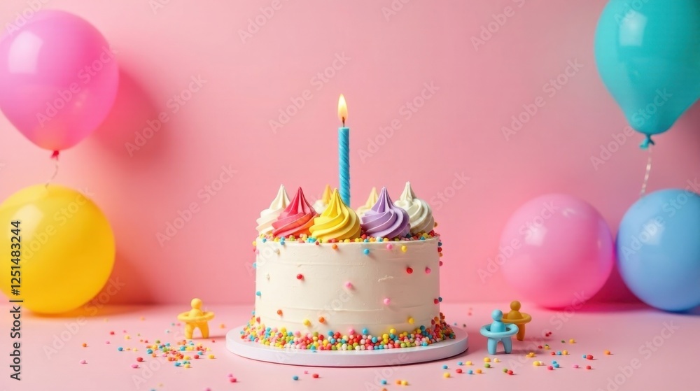 A Festive Celebration Cake with Colorful Balloons and Small Figurines on a Pink Background A Festive Celebration Cake with Colorful Balloons and Small Figurines on a Pink Background