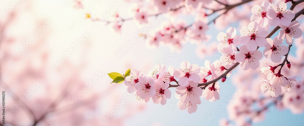 A beautiful image of cherry blossoms with a blue sky in the background. Concept of peace and tranquility, as the cherry blossoms gently fall from the tree and the blue sky provides a calming backdrop A beautiful image of cherry blossoms with a blue sky in the background. Concept of peace and tranquility, as the cherry blossoms gently fall from the tree and the blue sky provides a calming backdrop