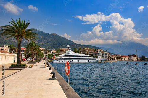Marine and architecture of Porto Montenegro with boats and yachts in winter in Tivat, Montenegro.