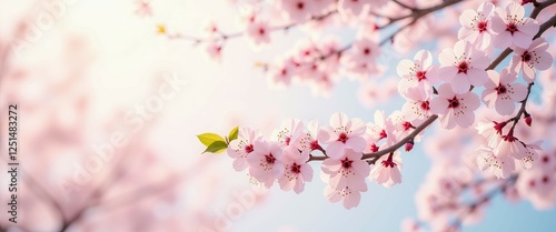 A beautiful image of cherry blossoms with a blue sky in the background. Concept of peace and tranquility, as the cherry blossoms gently fall from the tree and the blue sky provides a calming backdrop