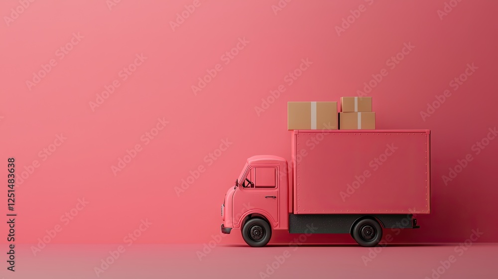 Pink delivery truck with boxes on a pink background. Possible use for e-commerce or delivery service Pink delivery truck with boxes on a pink background. Possible use for e-commerce or delivery service