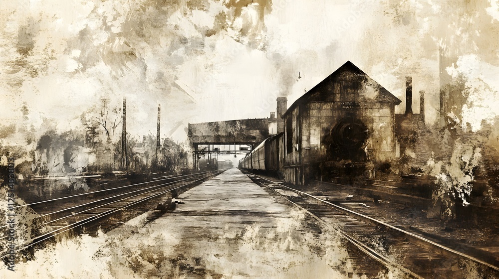 Fototapeta premium Abandoned Train Station in the Countryside with Weathered Structures and Derelict Tracks