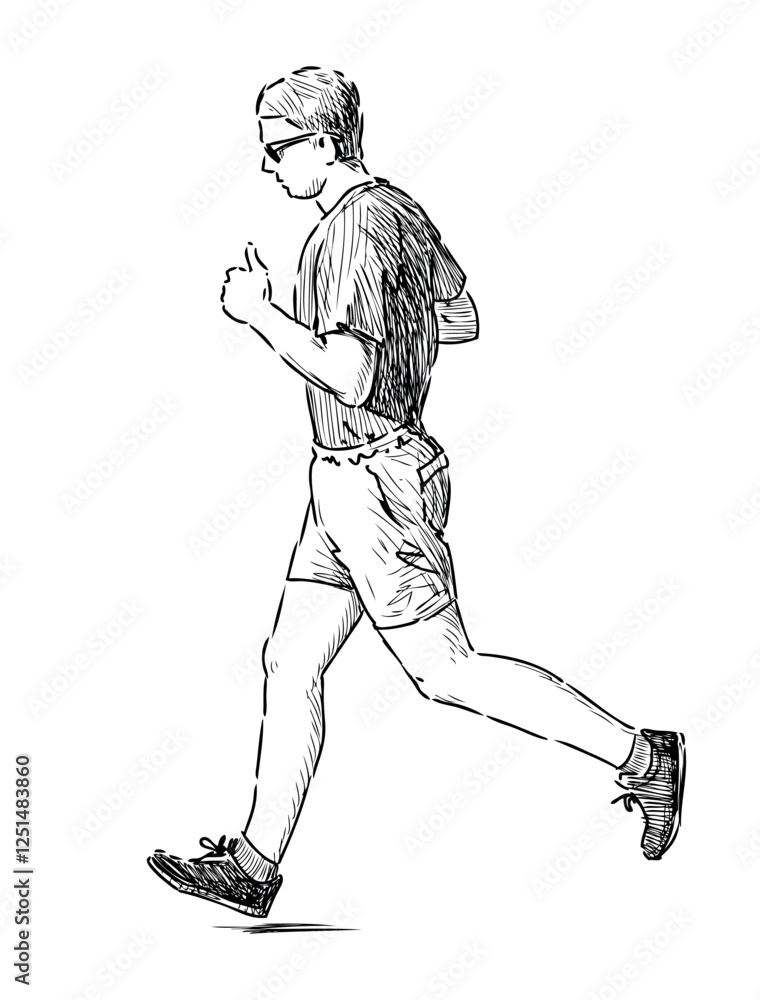 Fototapeta premium Sketch of casual young city man in sunglasses on healthy jogging outdoors, realistic hand drawn illustratin vector isolated on white