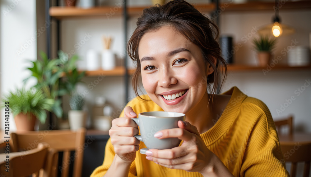 Smiling woman enjoys a warm cup of coffee in a cozy cafe with vibrant greenery and a welcoming atmosphere Smiling woman enjoys a warm cup of coffee in a cozy cafe with vibrant greenery and a welcoming atmosphere