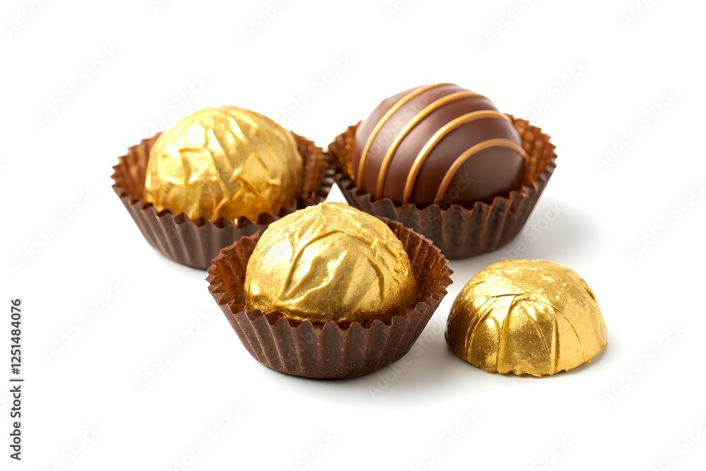 Caramel truffles in gold wrapper, minimalist composition Caramel truffles in gold wrapper, minimalist composition