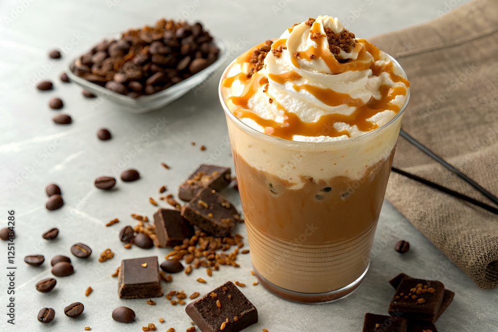 Coffee frappe with caramel foam and chocolate chips Coffee frappe with caramel foam and chocolate chips