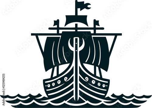 simple viking ship logo, black and white drakkar ship