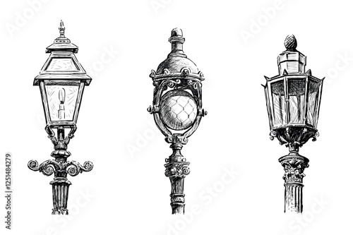 Sketch of three vintage street lamps, retro ornate lanterns, vector hand drawing isolated on white