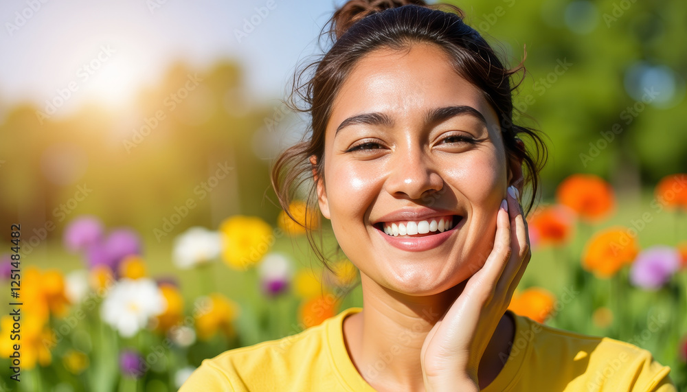 Bright smile from a joyful woman in a vibrant flower garden during a sunny afternoon Bright smile from a joyful woman in a vibrant flower garden during a sunny afternoon
