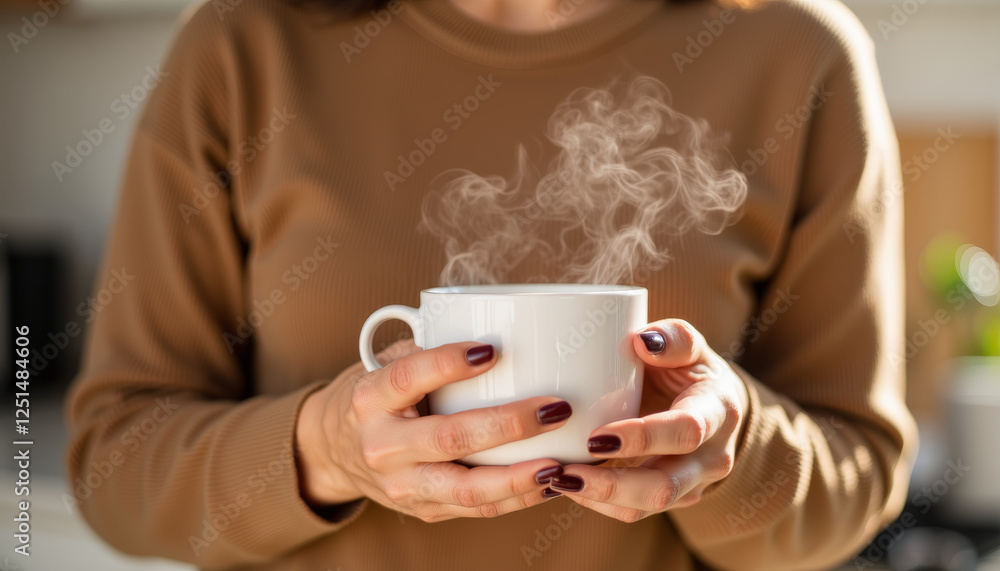 Warmth of morning brew envelops cozy kitchen as steam gently rises from a comforting cup of coffee held with care Warmth of morning brew envelops cozy kitchen as steam gently rises from a comforting cup of coffee held with care