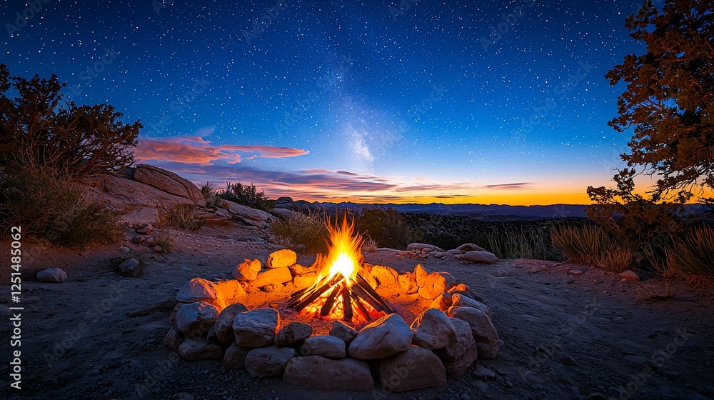 Night campfire, desert landscape, starry sky, relaxing scene, travel Night campfire, desert landscape, starry sky, relaxing scene, travel