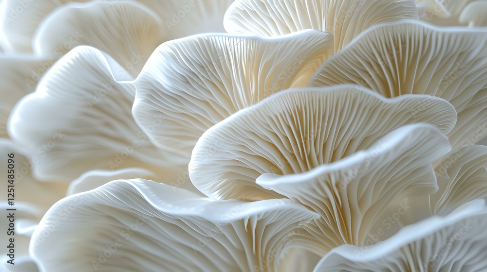 Delicate white oyster mushrooms growing in layers showcase natural organic patterns and textures. Macro photography captures fine gills and curved shapes in soft lighting. Delicate white oyster mushrooms growing in layers showcase natural organic patterns and textures. Macro photography captures fine gills and curved shapes in soft lighting.