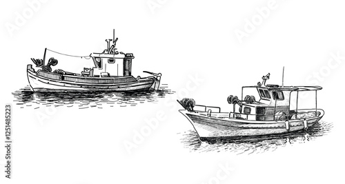 Sketches of two greece fiching boats in sea, realistic hand drawings, vector illustration isolatd on white