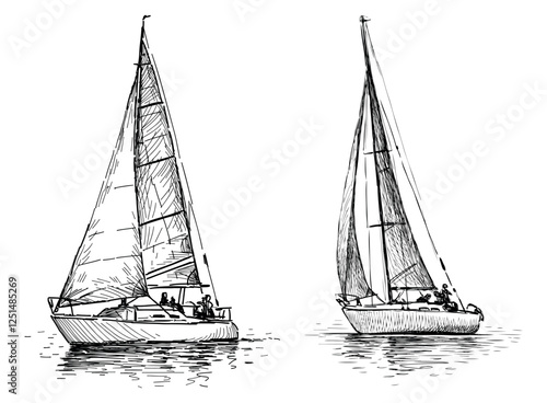 Sketches of two sailing yachts under sails in sea travel, realistic hand drawings, vector illustration isolatd on white