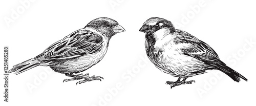 Sketches of two sparrows birds, realistic hand drawn vector illustration isolated on white