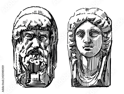 Sketches of vintage artistic architectural details, sculpture masks, couple stone male female faces, two heads, vector hand drawn illustration isolated on white