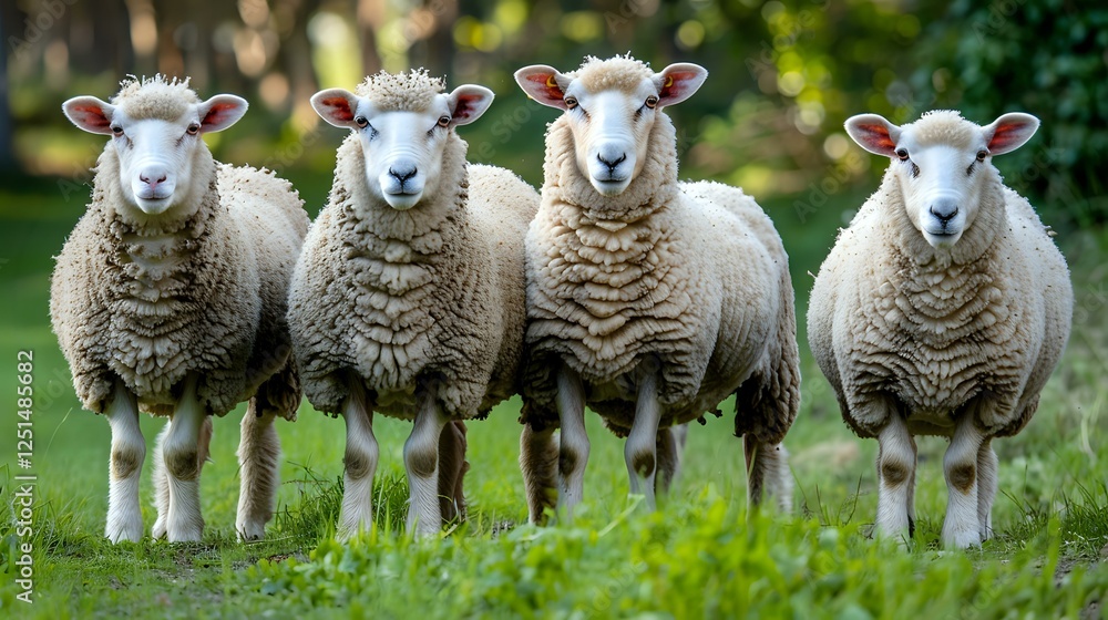 Four white woolly sheep standing in a row on green grass, looking directly at camera with curious expressions against blurred natural background. Four white woolly sheep standing in a row on green grass, looking directly at camera with curious expressions against blurred natural background.