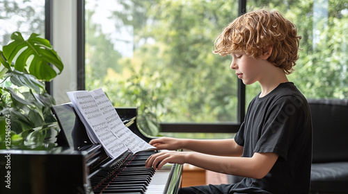 Focused young musician practices piano at home. Beautiful natural light, lush greenery, and sheet music create a serene and inspiring environment. photo