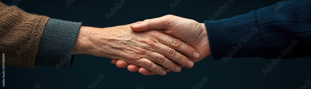 Fototapeta premium Two hands shake in a gesture of agreement, symbolizing partnership, trust, and collaboration against a dark background.