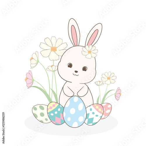 Cute Bunny with flowers and Easter egg illustration