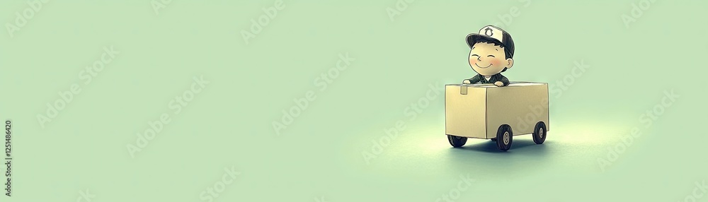 Child driving cardboard car, light green background, simple illustration, fun image, possible use for children's books or learning material Child driving cardboard car, light green background, simple illustration, fun image, possible use for children's books or learning material