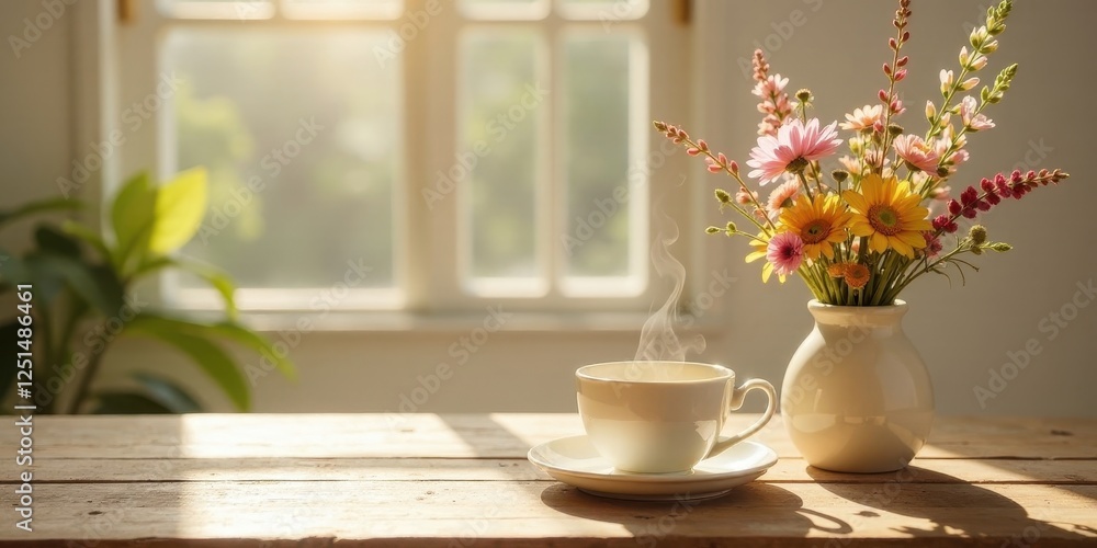 Serene morning sunlight illuminates a rustic wooden table, showcasing a steaming cup of tea and a vibrant bouquet of wildflowers in a simple vase, creating a tranquil and peaceful atmosphere. Serene morning sunlight illuminates a rustic wooden table, showcasing a steaming cup of tea and a vibrant bouquet of wildflowers in a simple vase, creating a tranquil and peaceful atmosphere.