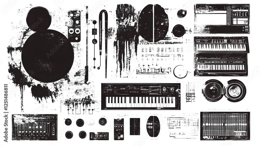 Obraz premium Abstract Digital Music Production Equipment and Symbols